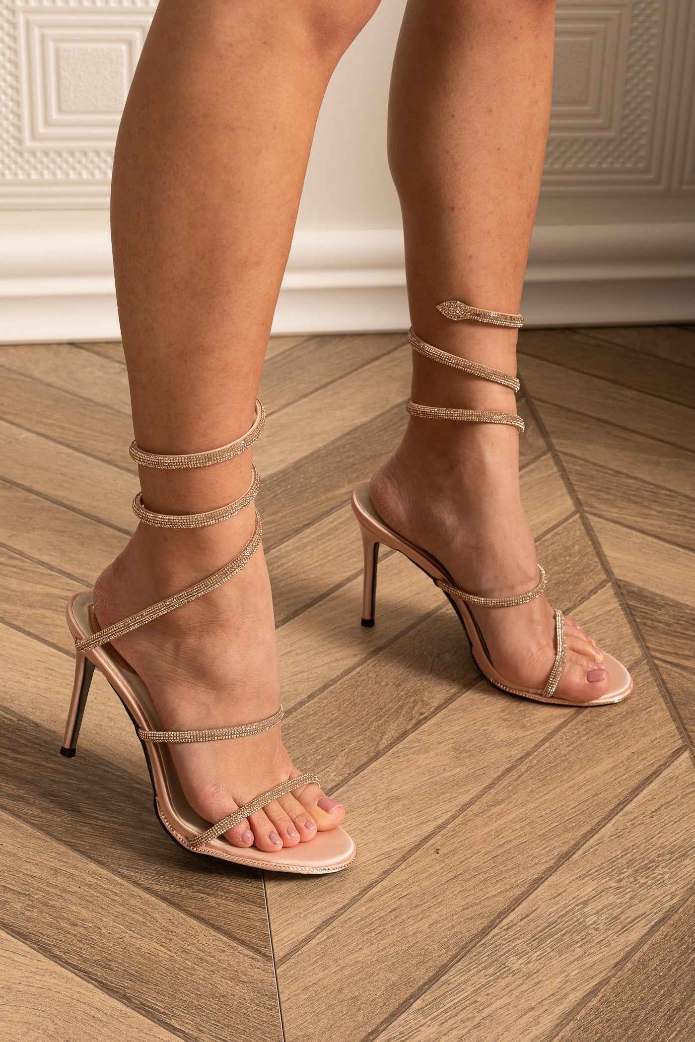 Elegant High Heels With Sparkling Snake Straps - Gold