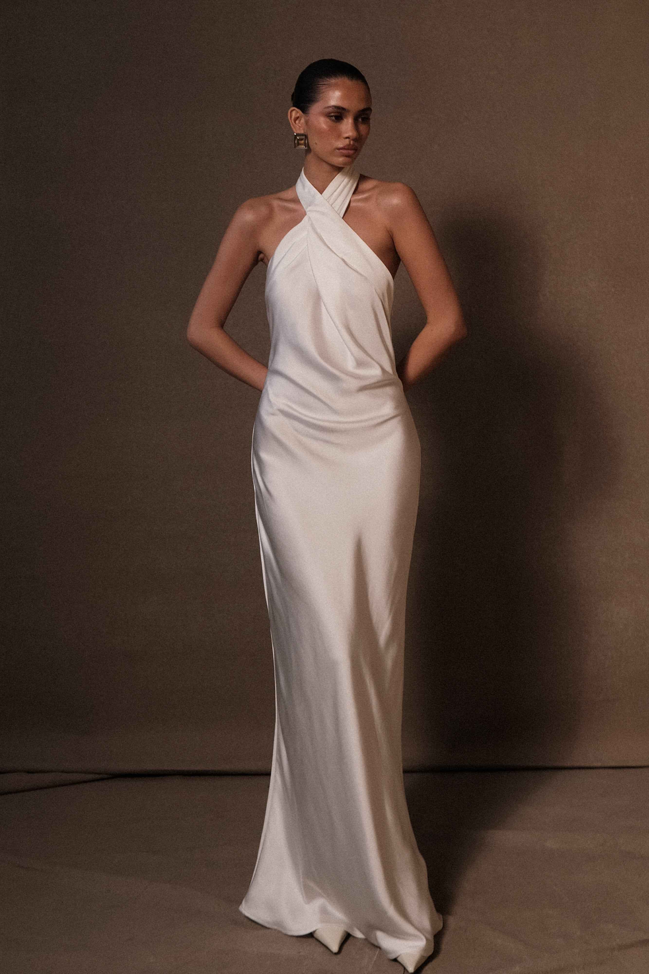 Laura White Satin Halter Gown