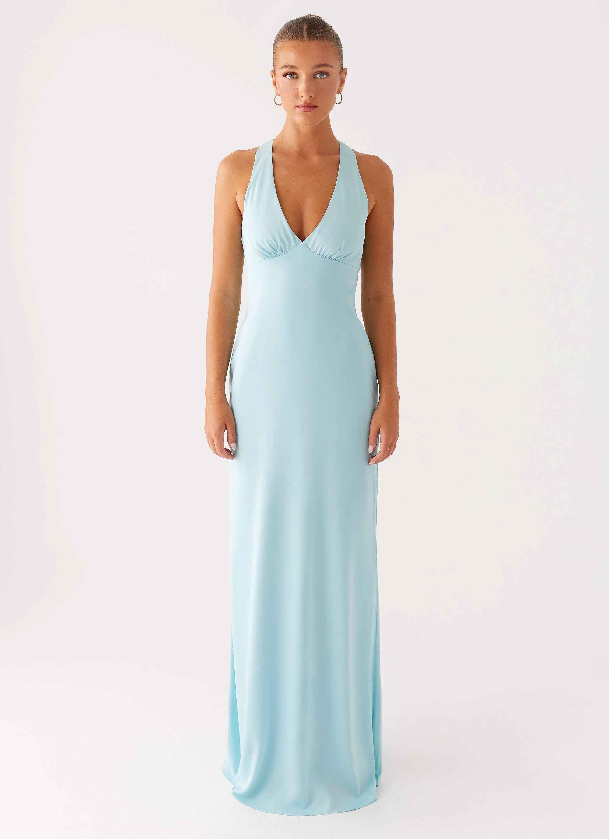 Desi Maxi Dress - Mint Satin Halterneck
