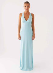 Desi Maxi Dress - Mint Satin Halterneck