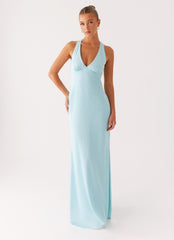 Desi Maxi Dress - Mint Satin Halterneck