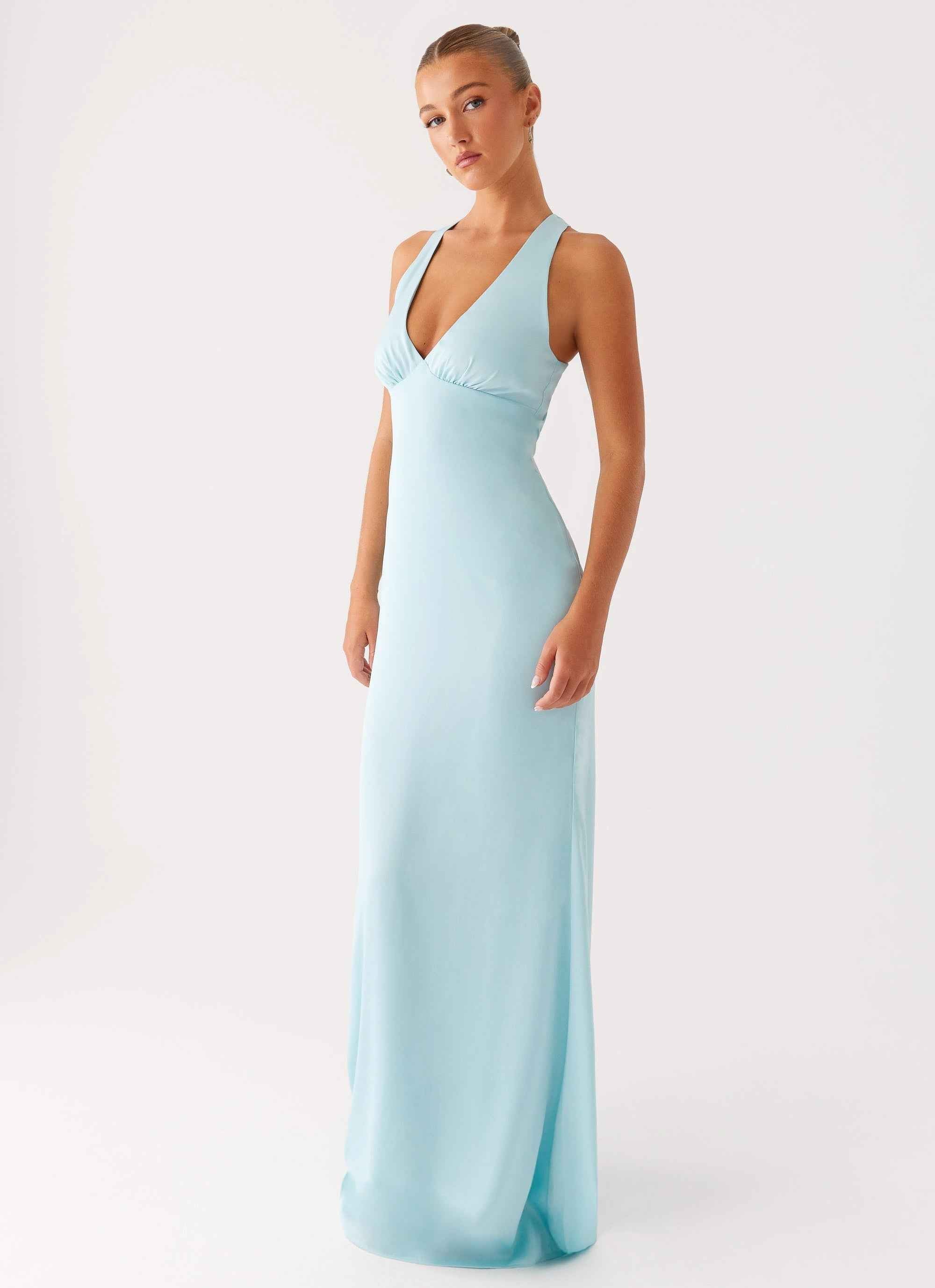 Desi Maxi Dress - Mint Satin Halterneck