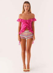 Dylan Mini Dress - Fuchsia Off Shoulder Frill Trim