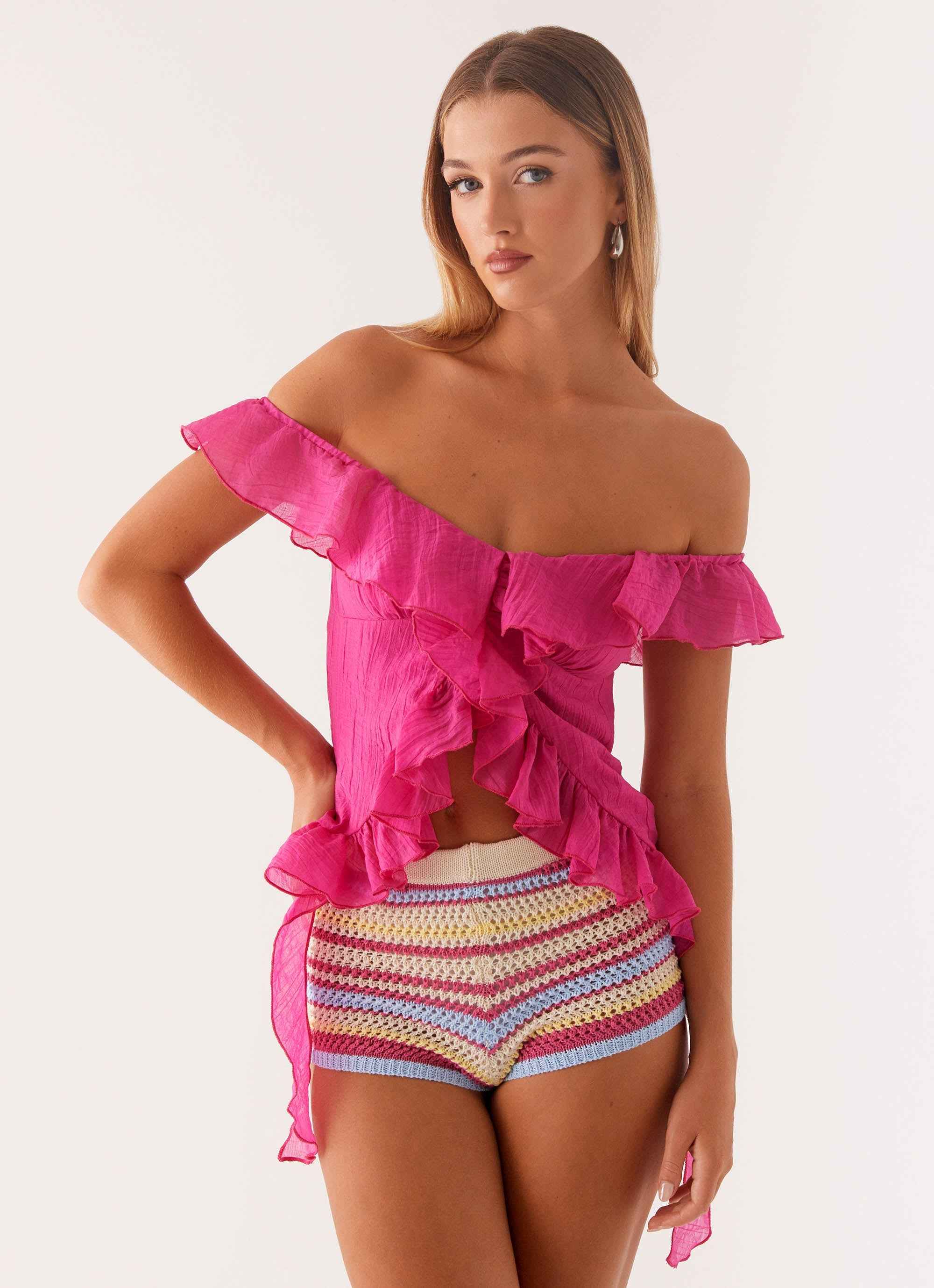 Dylan Mini Dress - Fuchsia Off Shoulder Frill Trim