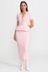 Textured Knit Midi Dress with Peplum Waist Detail Baby Pink