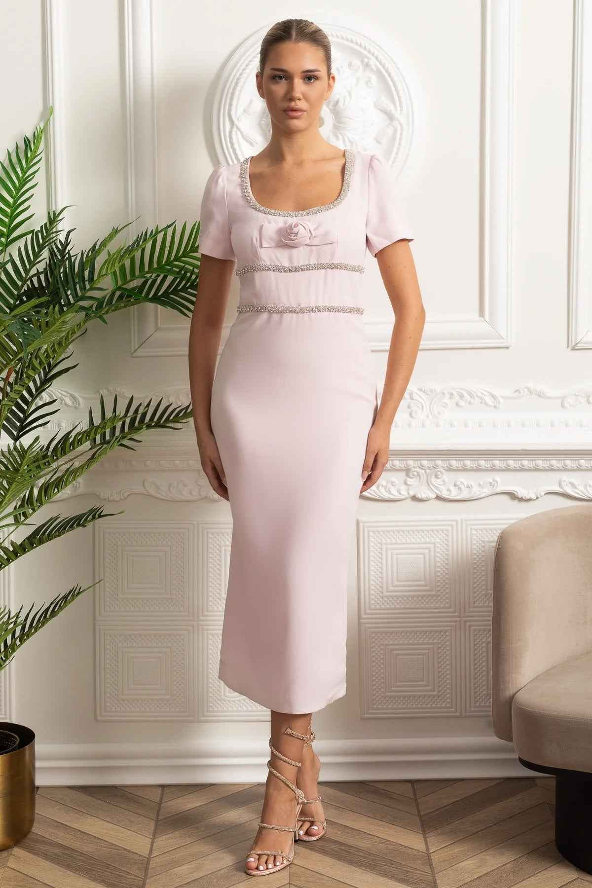 Embroidered Waistband Dress with Square Neck And Rose Detail - Blush