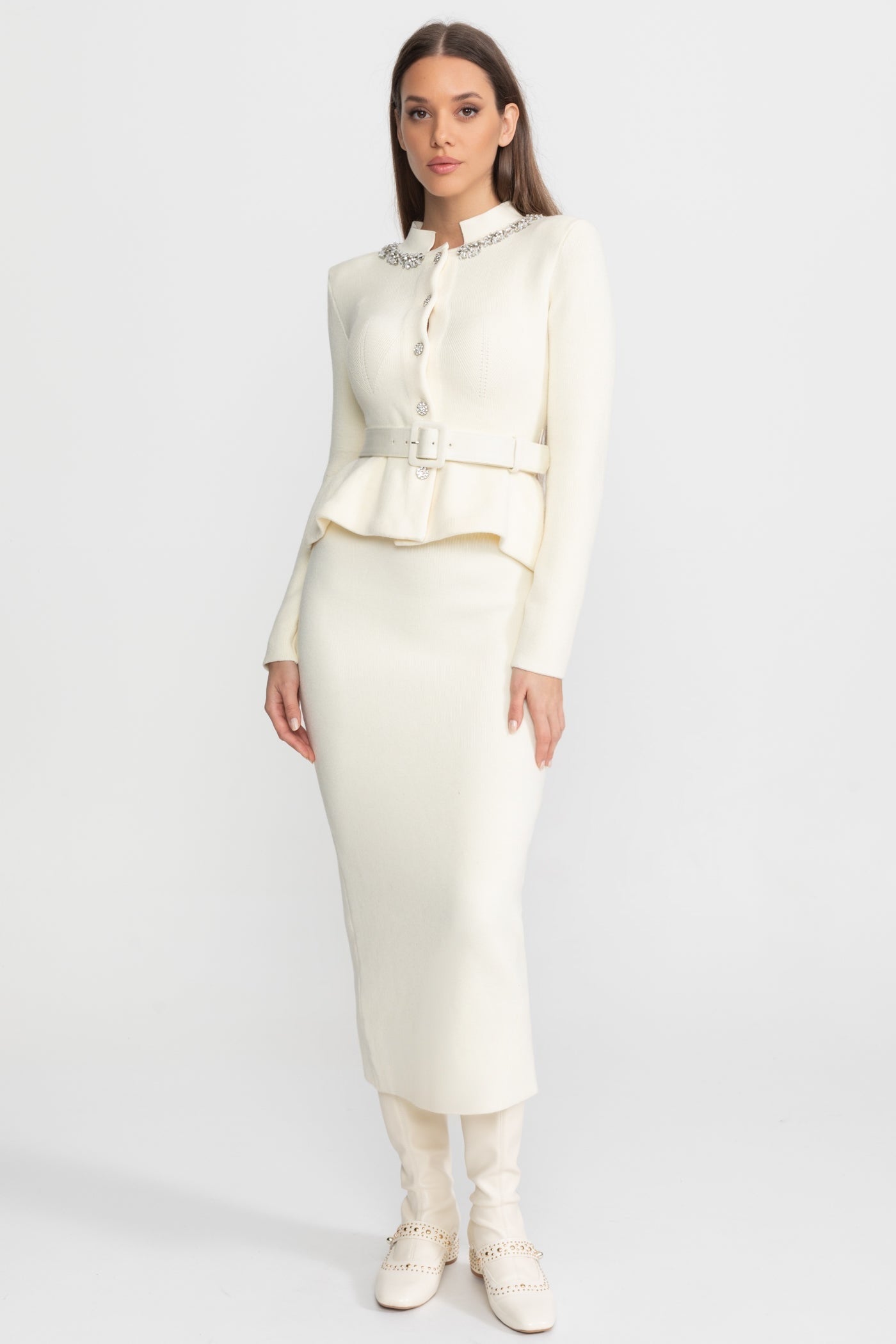 Midi Dress with Peplum Waist and Crystal Collar Ivoire
