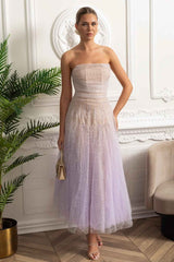 STRAPLESS FITTED MIDI COCKTAIL PARTY DRESS