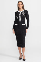 Embroidered Tweed Knit Co-Ord Set with Contrast Trim Black