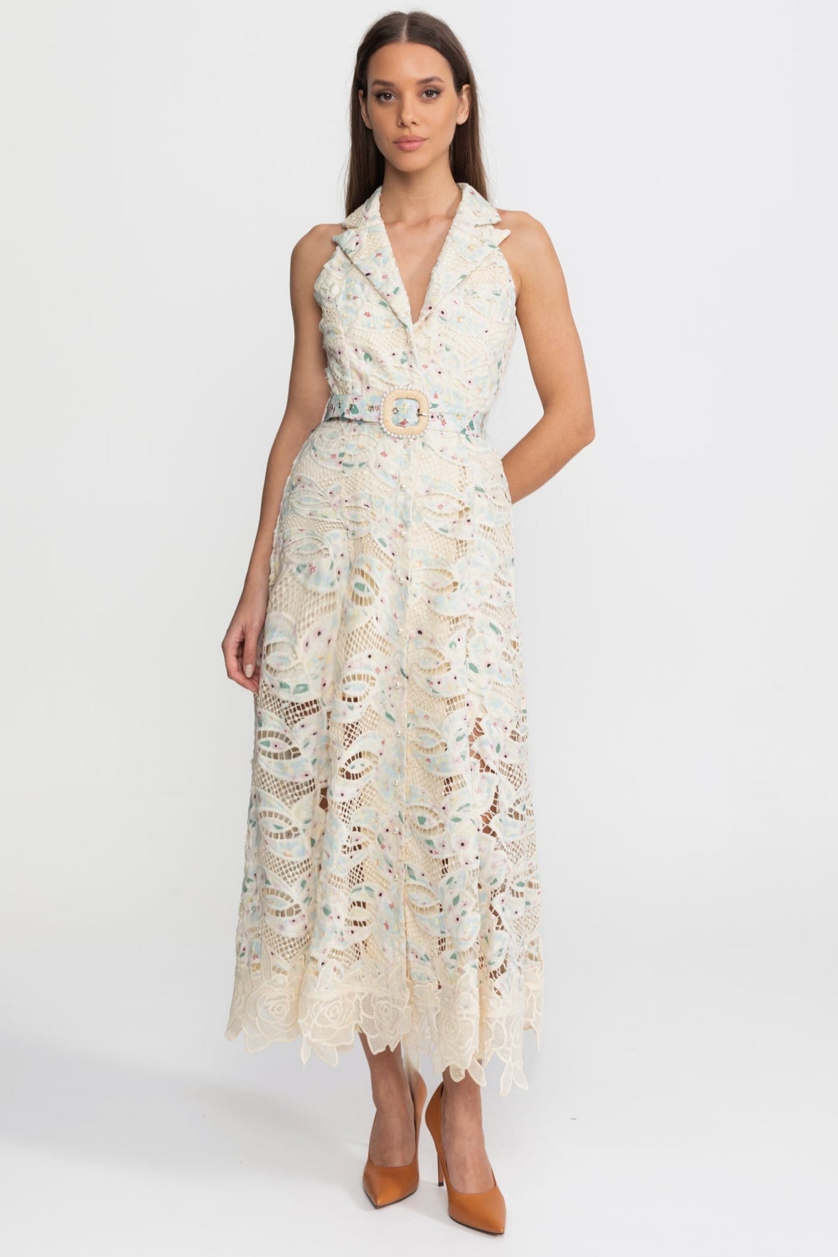 Halter Lace Midi Dress with Belted Waist Ivoire