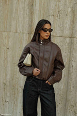 Curtis Dark Chocolate Faux Leather Bomber Jacket