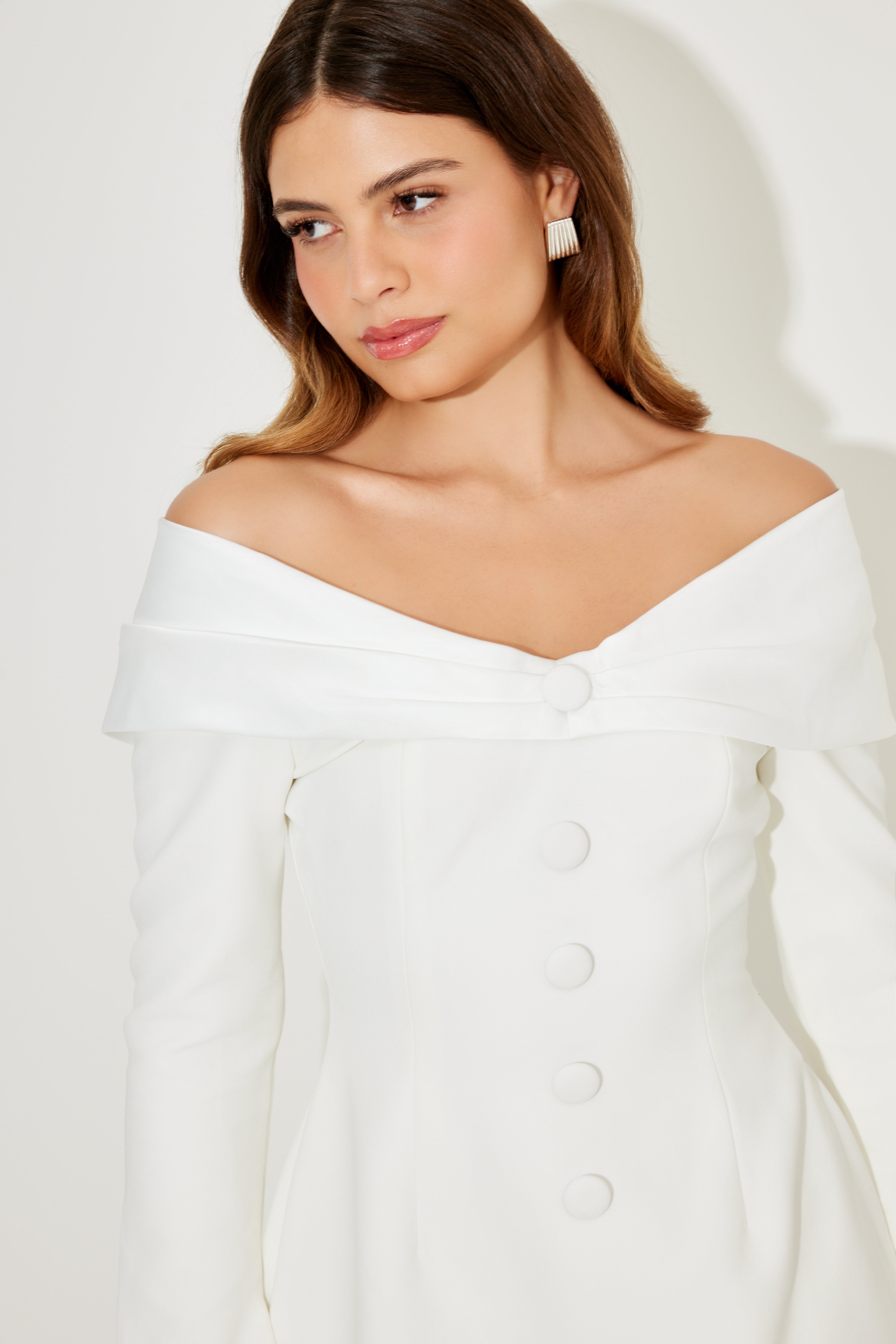 Bow Satin Off-Shoulder Mini Wedding Dress - White