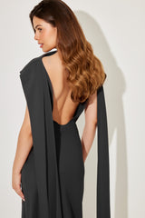 Drape Cowl Neck Open Back Maxi Party Dress - Black