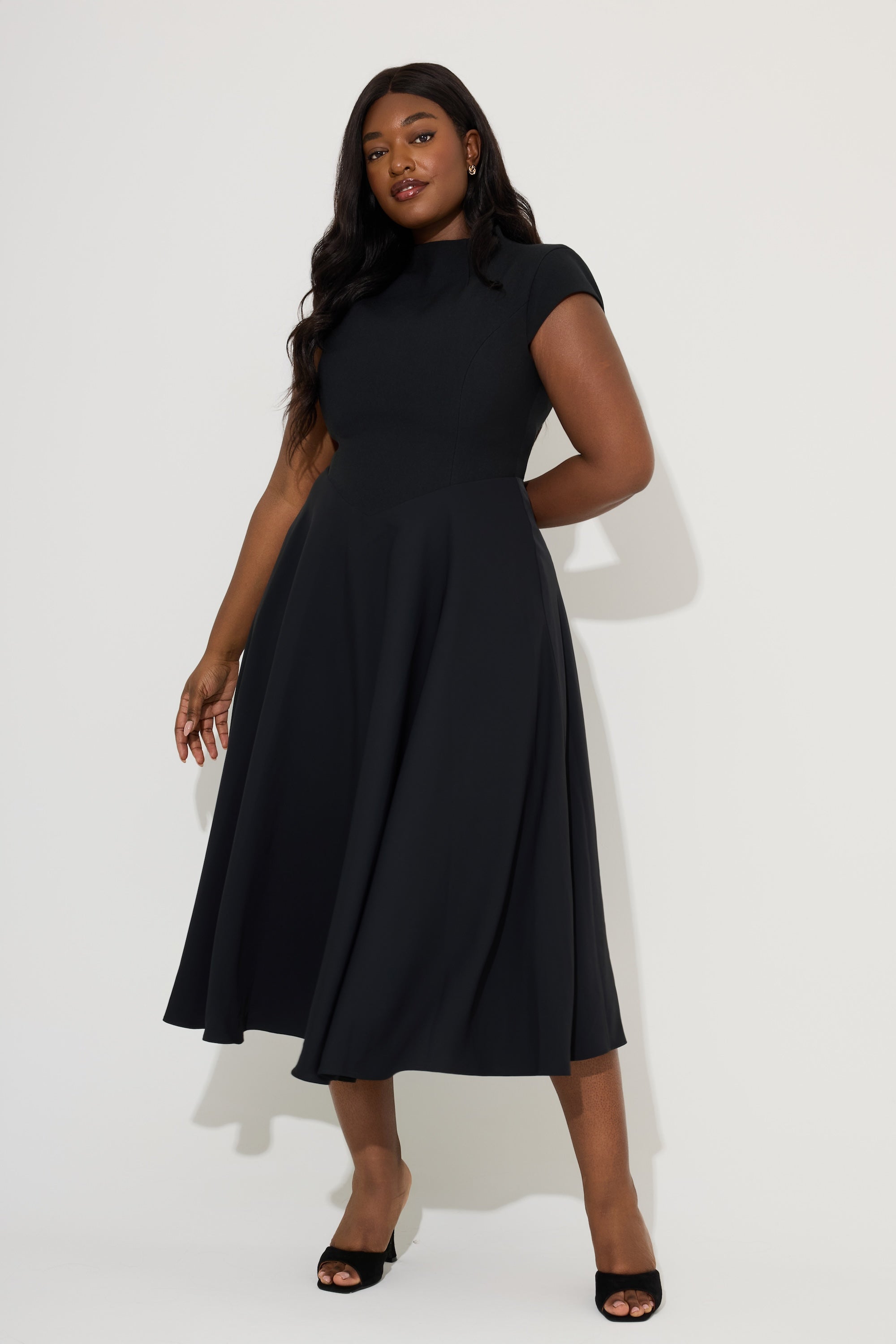 Cap Sleeve Fitted V-Waist Midi Cocktail Dress - Black