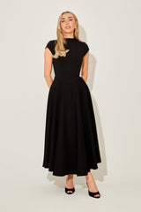 Cap Sleeve Fitted V-Waist Midi Cocktail Dress - Black
