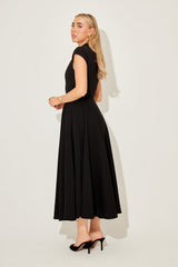 Cap Sleeve Fitted V-Waist Midi Cocktail Dress - Black