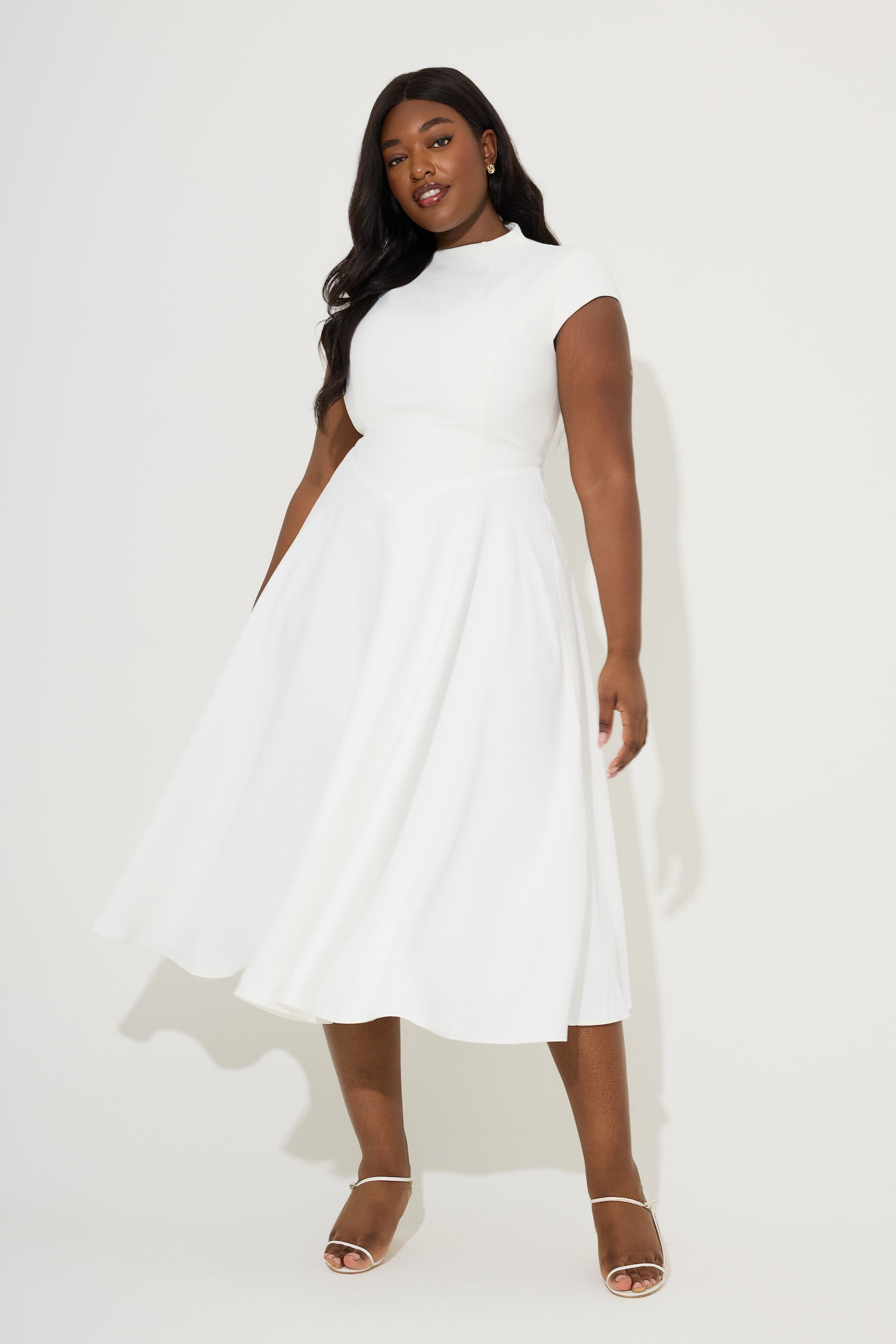 Cap Sleeve Fitted V-Waist Midi Casual Dress - Black