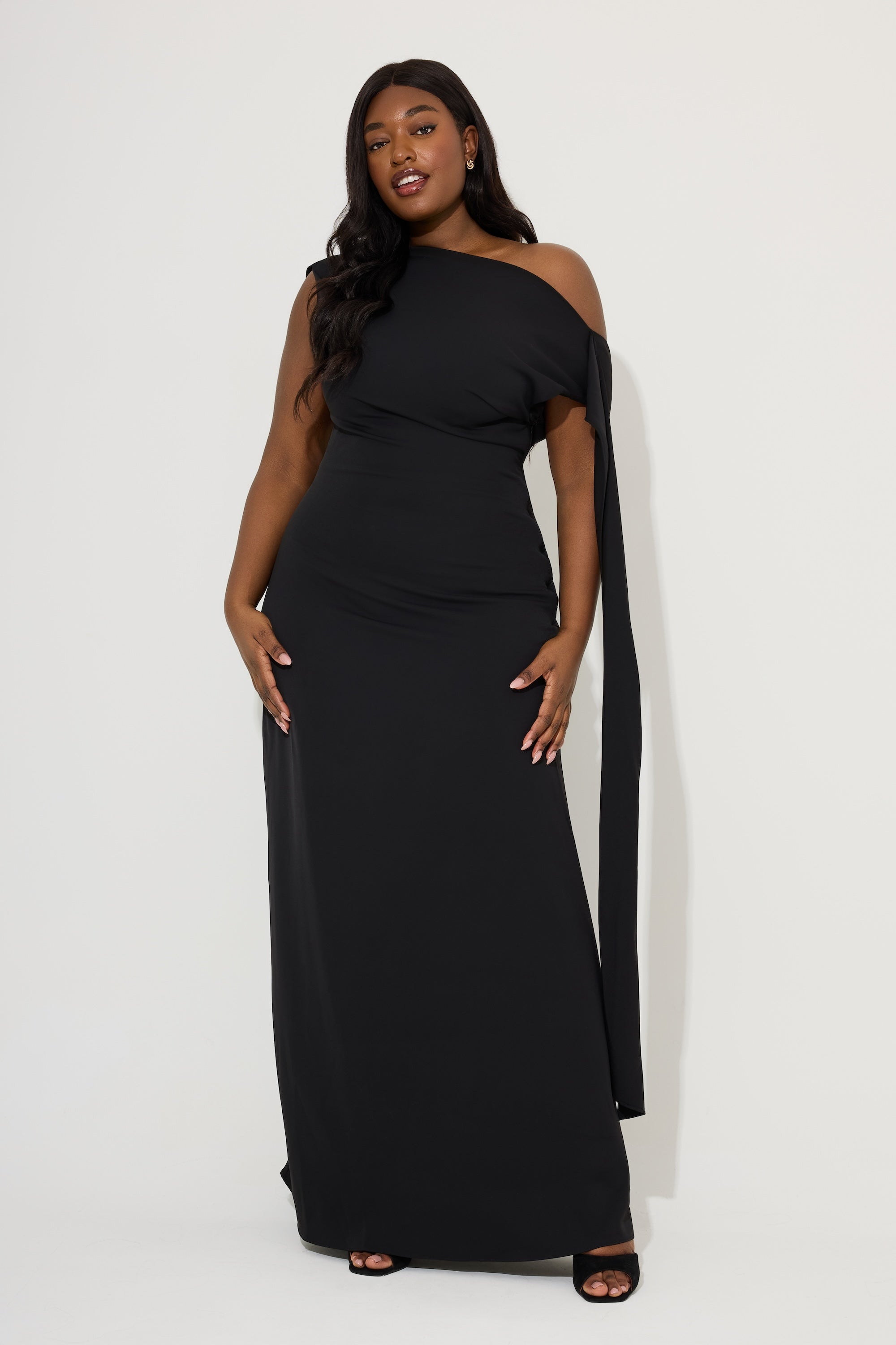 Drape Cowl Neck Open Back Maxi Party Dress - Black