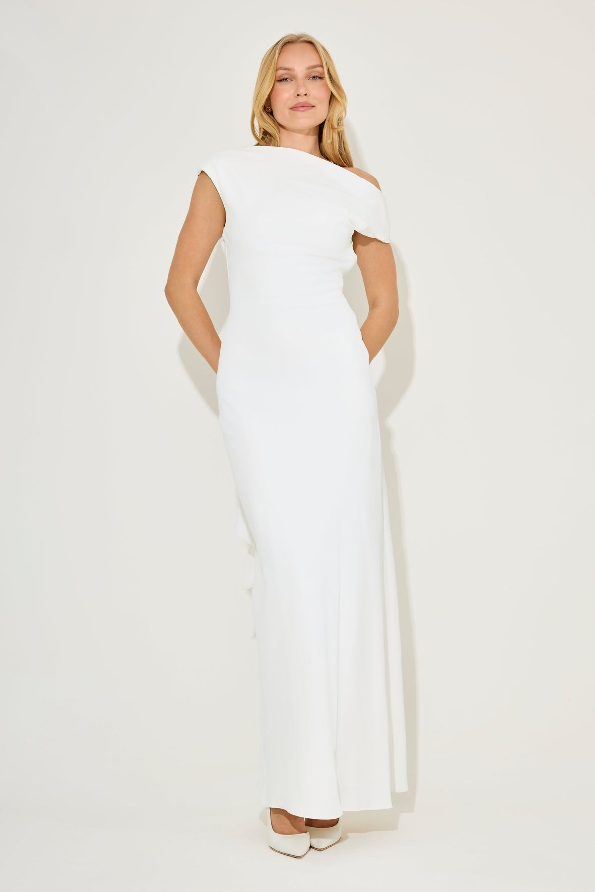Odd Muse Draped Cowl Neck Maxi Evening Dress - White