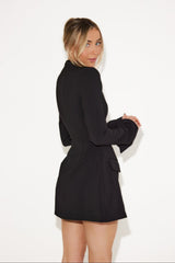High Neck Fitted Split Sleeve Mini Cocktail Dress - Black