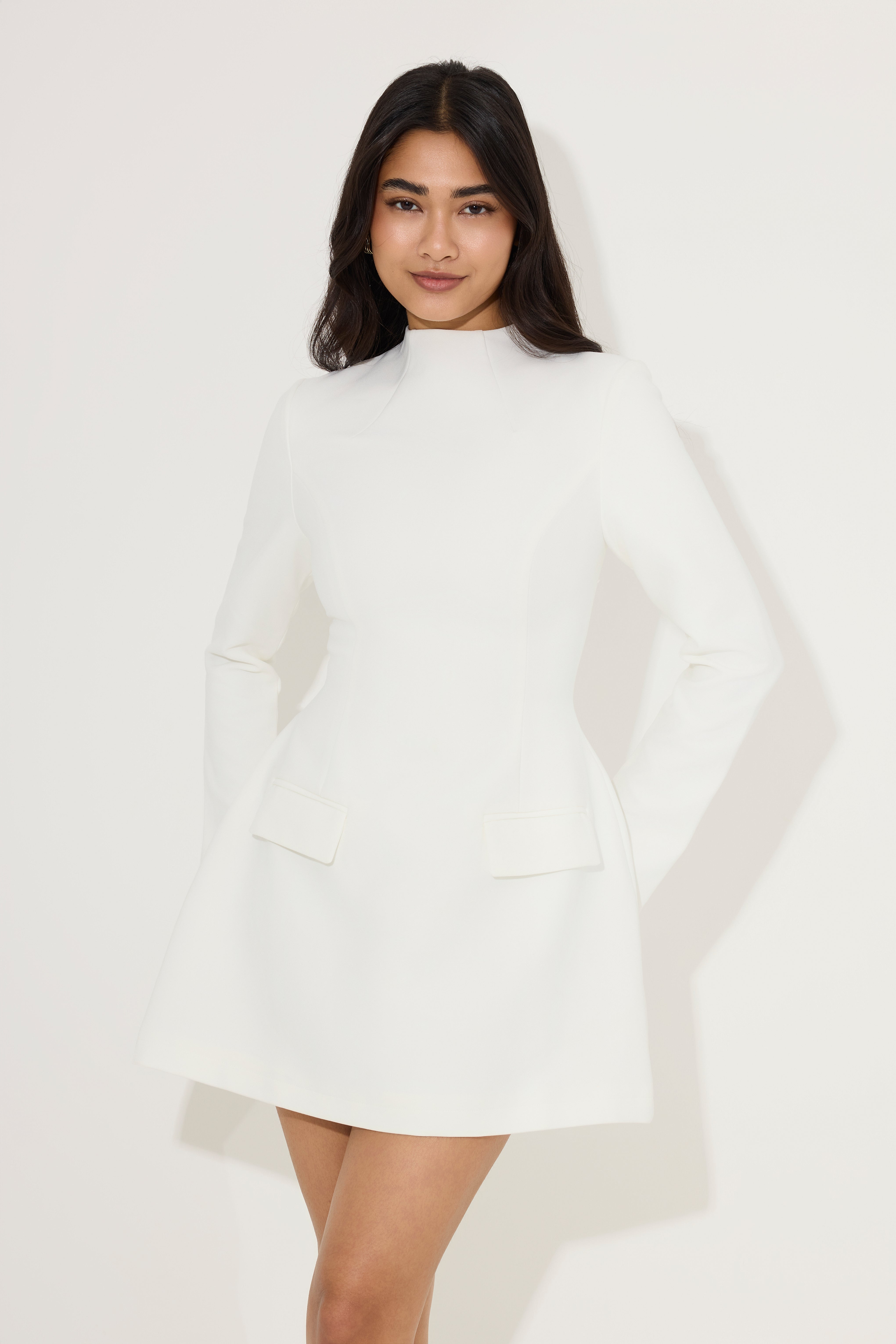 Sophisticated Cinched Waist Mini Winter Dress - Black