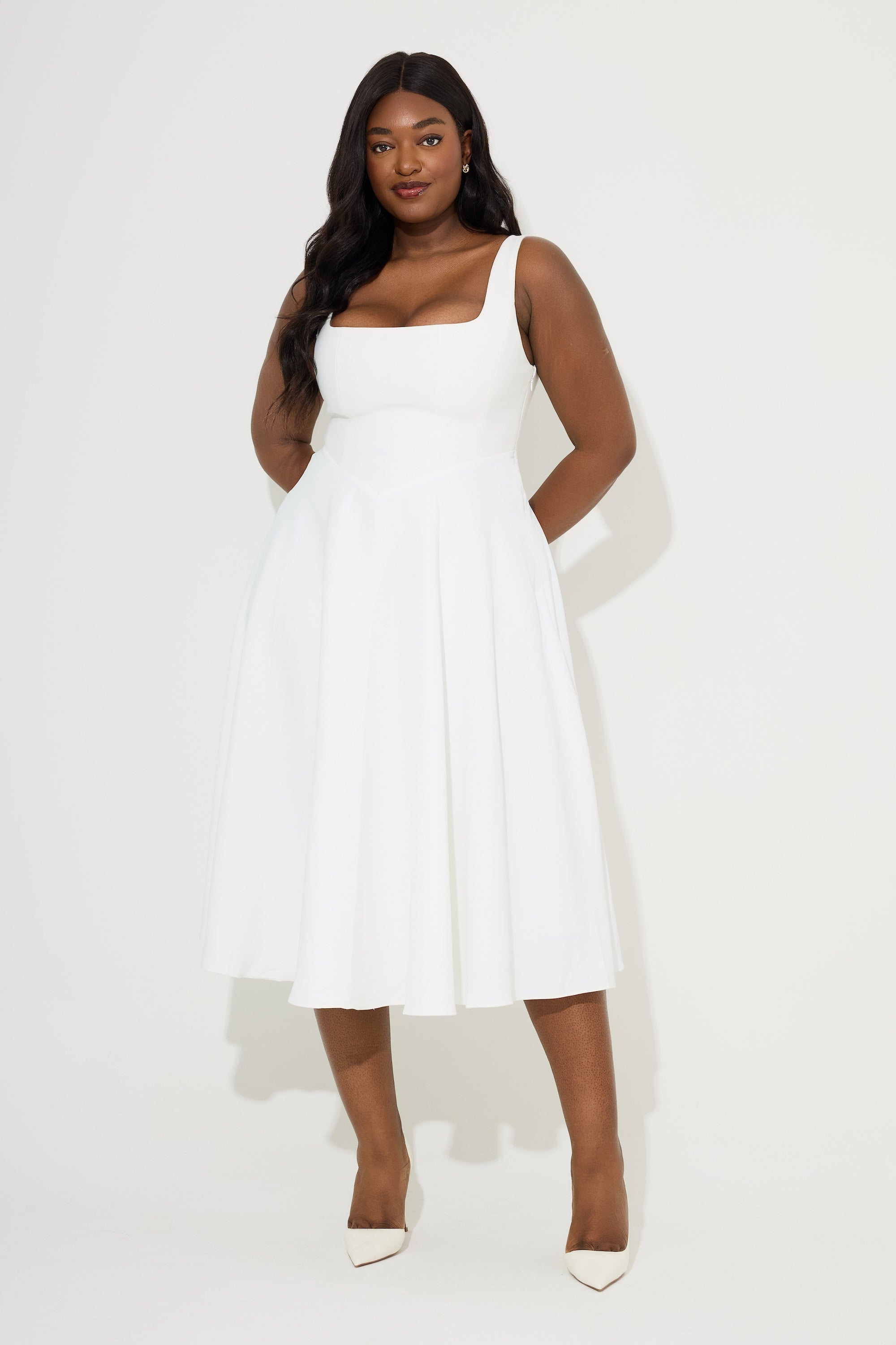Fitted Elegant Square Neck Midi Cocktail Dress - White