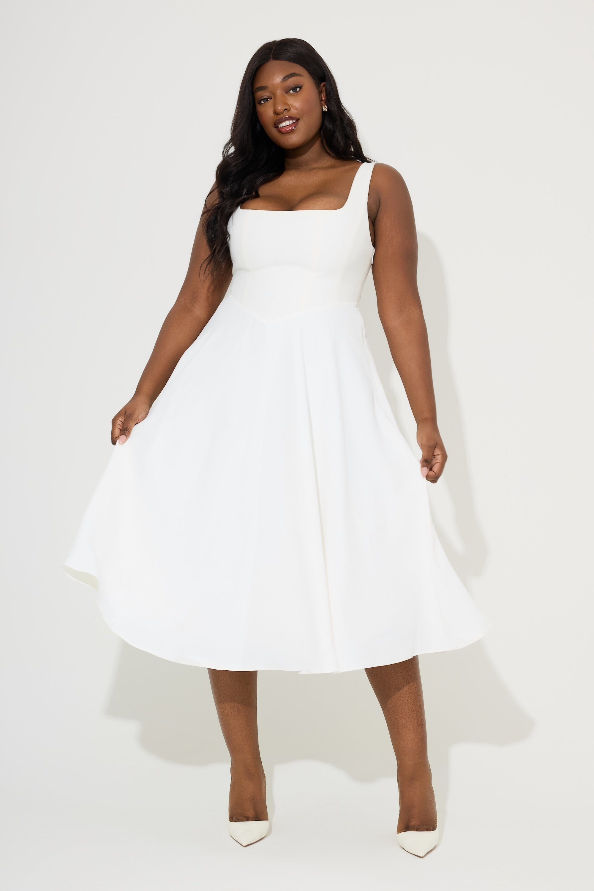 Elegant Square Neck Fitted Midi Cocktail Dress - White
