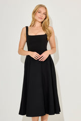 Timeless Square Neck Fitted Midi Evening Dress - Black