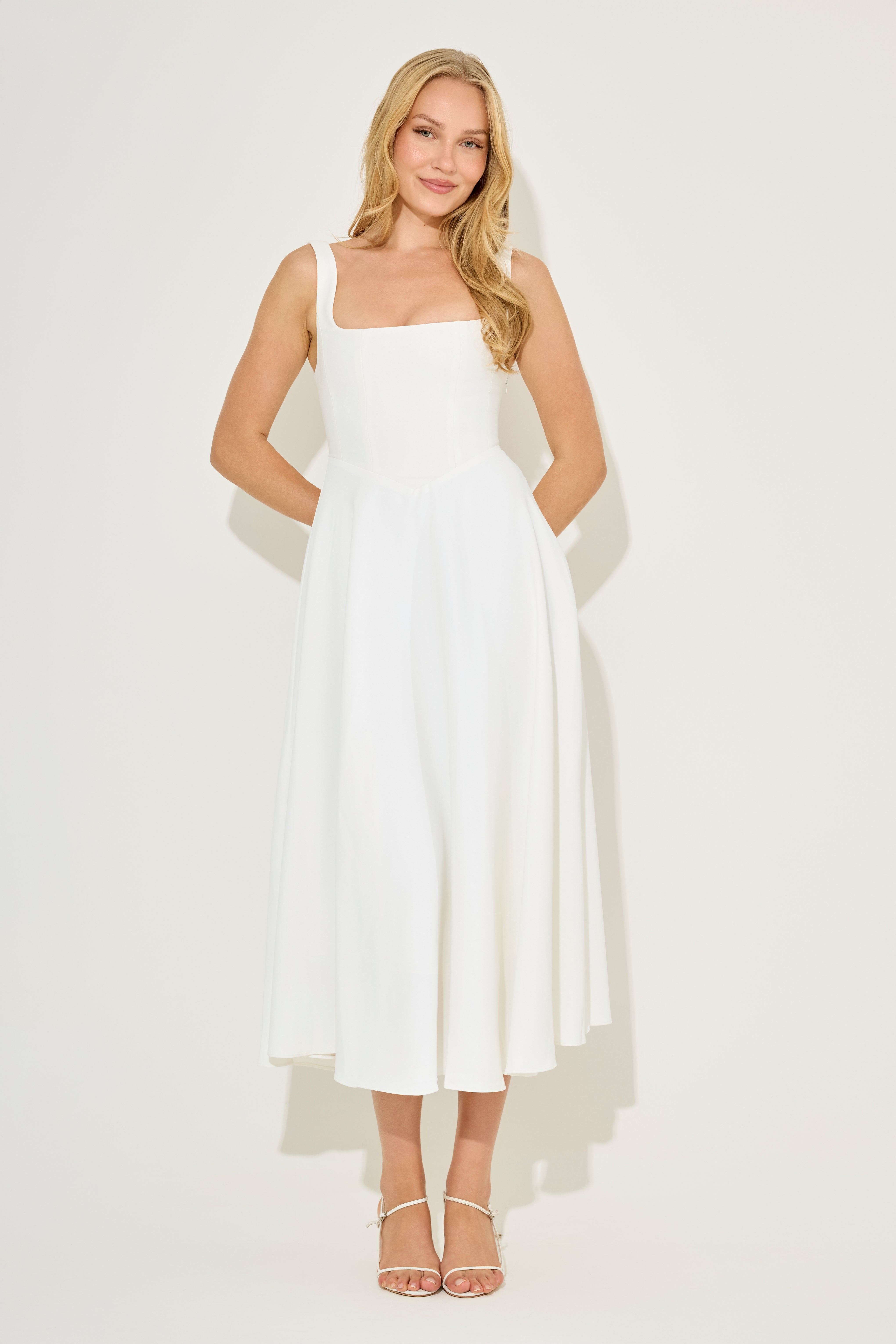 Fitted Elegant Square Neck Midi Cocktail Dress - White