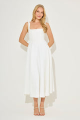 Fitted Elegant Square Neck Midi Cocktail Dress - White