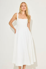 Fitted Elegant Square Neck Midi Cocktail Dress - White