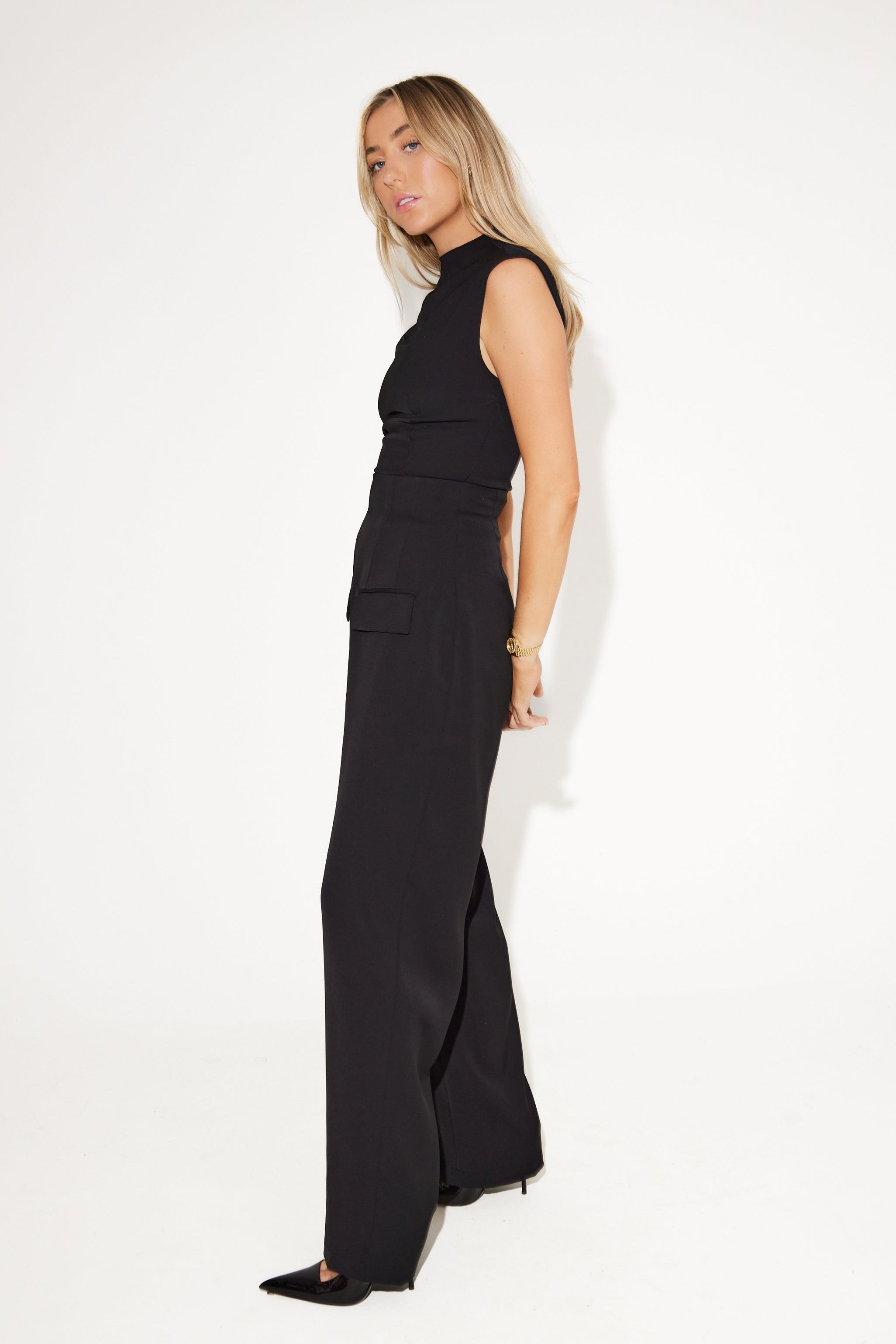 High Waist Pleated Maxi Evening Dress - Black