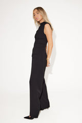 High Waist Pleated Maxi Evening Dress - Black