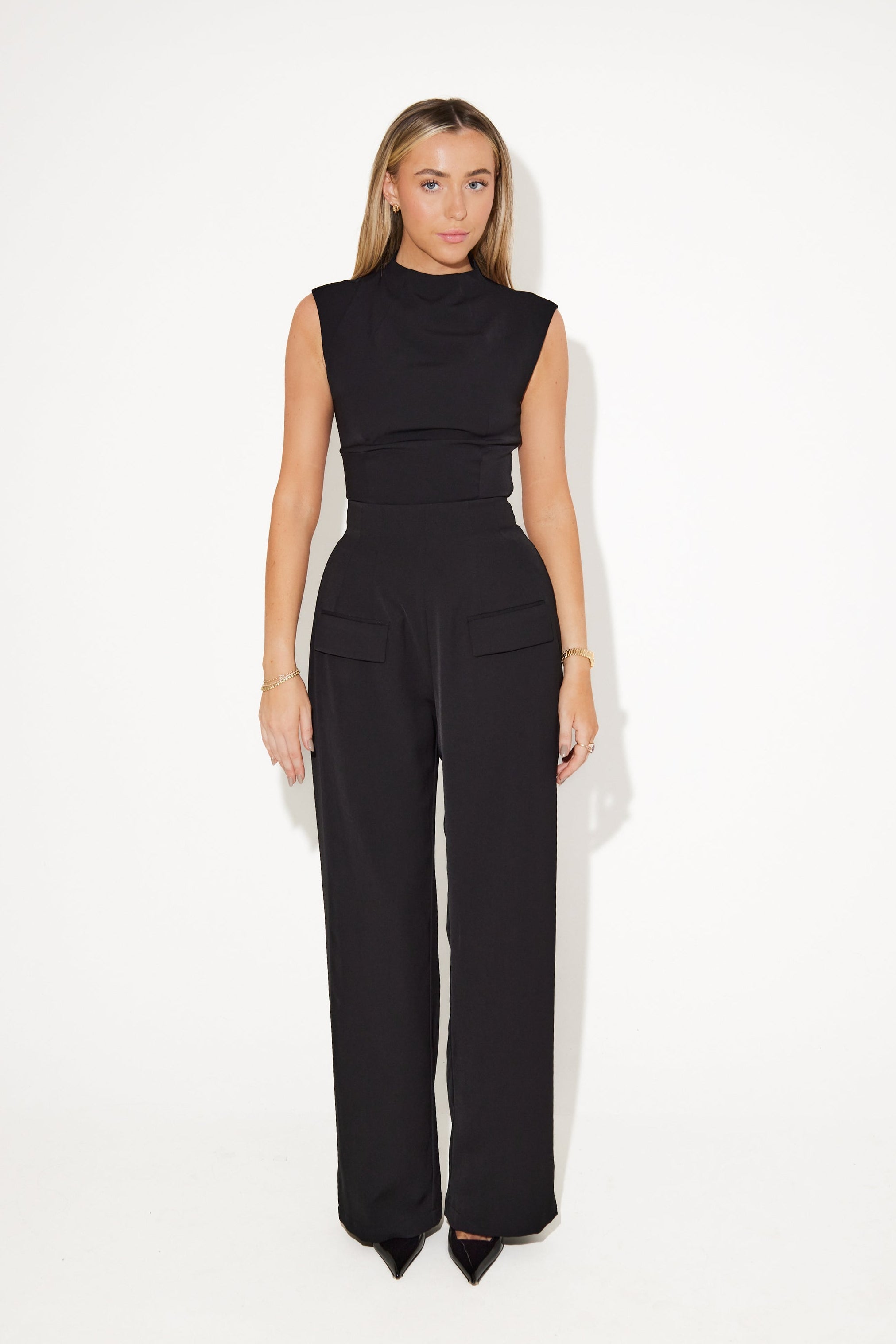 High Waist Pleated Maxi Evening Dress - Black