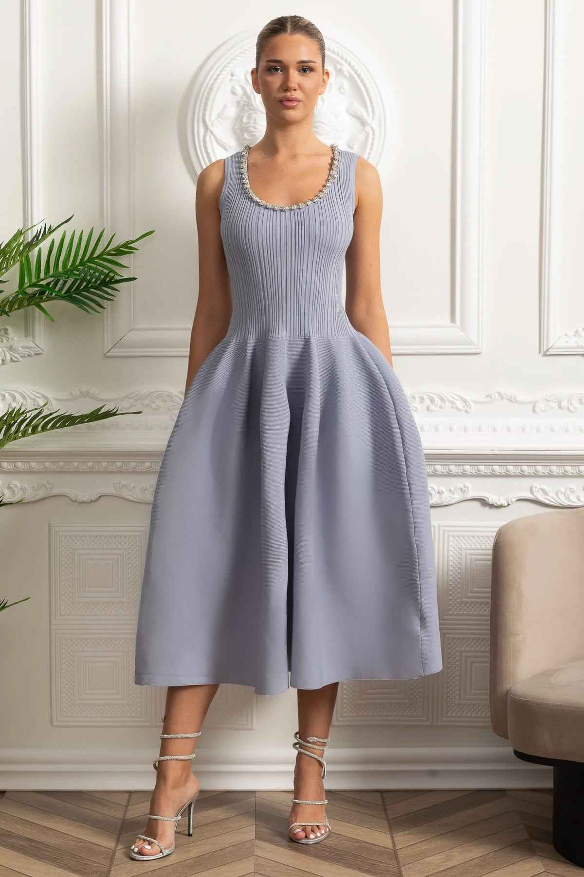 SLEEVELESS RIBBED MIDI COCKTAIL SUMMER DRESS