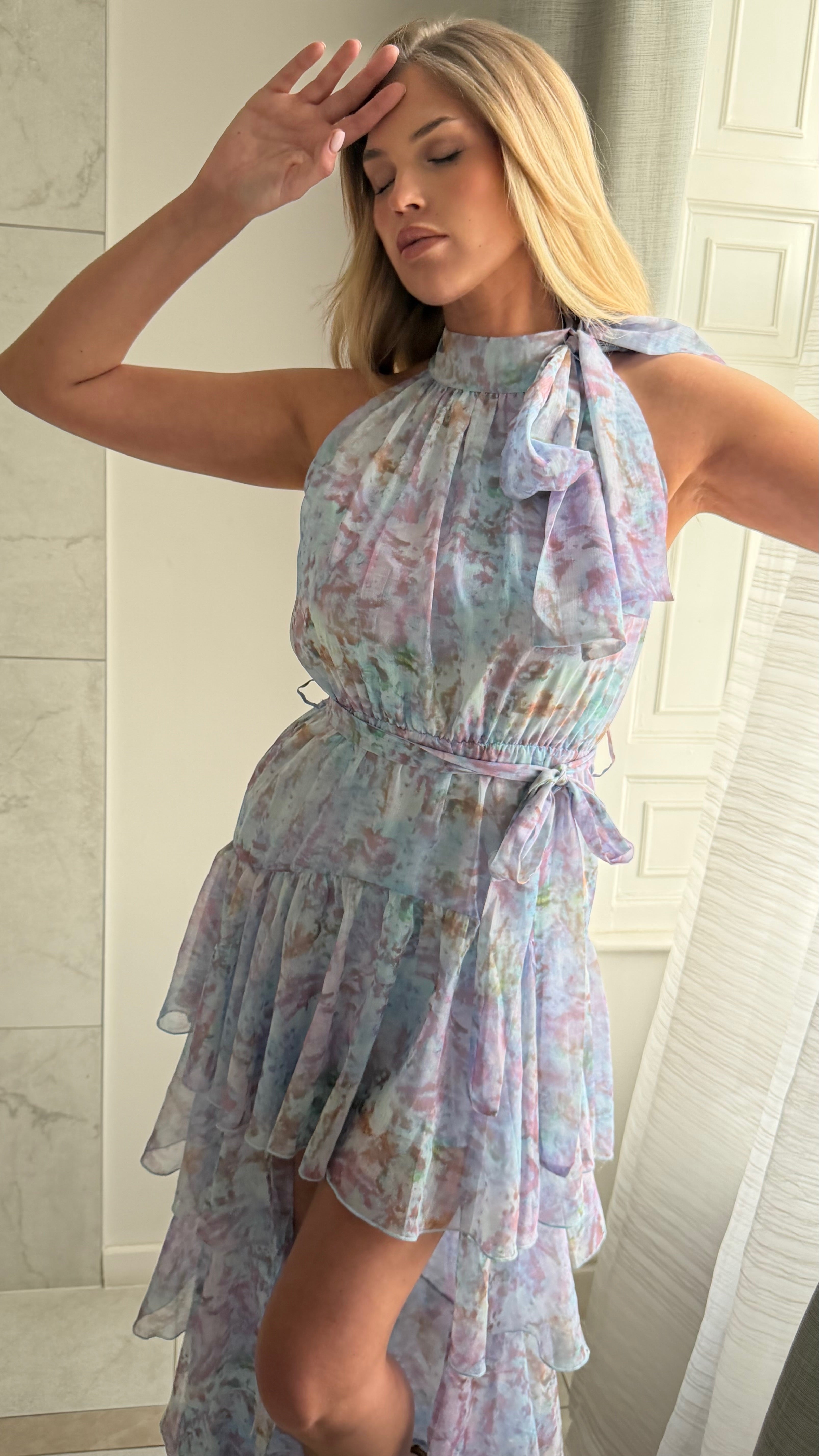 SERAPHINA Chiffon Tiered Ruffle Maxi Dress In Lavender Blue