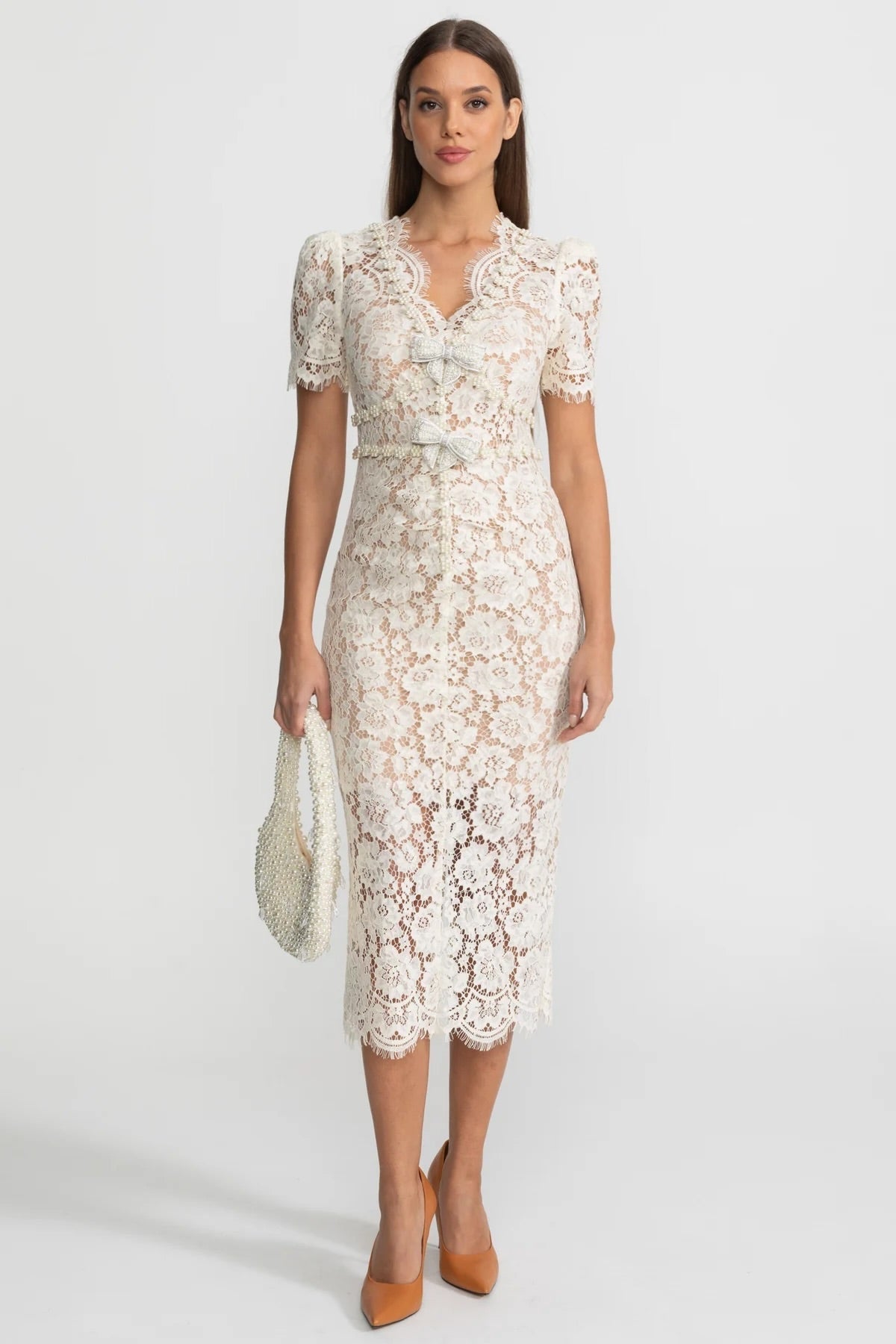 Embellished Lace Midi Dress With Bow Detailing Ivoire