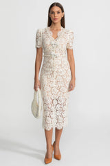 Embellished Lace Midi Dress With Bow Detailing Ivoire