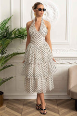 Polka Dot Halterneck Tiered Midi Dress - White