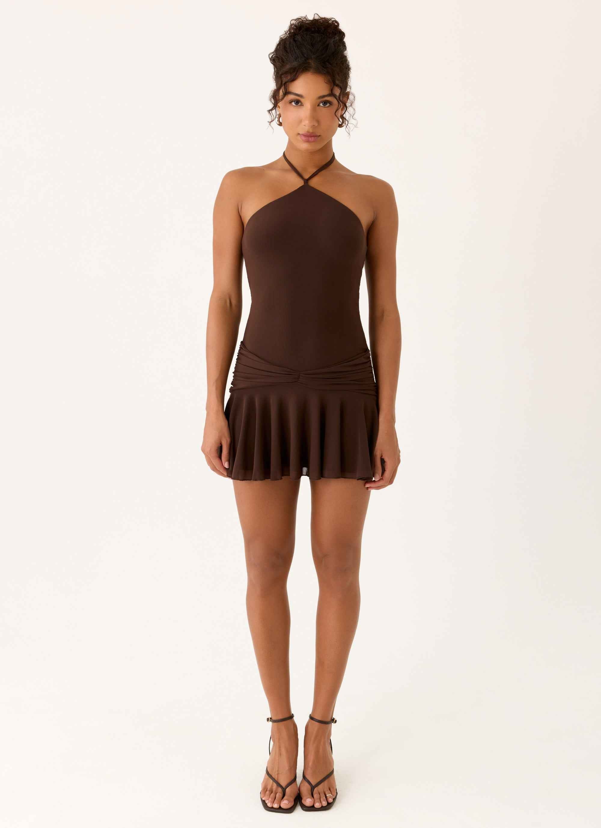 Elektra Mini Dress - Chocolate Halter Neck