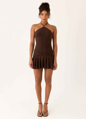 Elektra Mini Dress - Chocolate Halter Neck