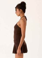 Elektra Mini Dress - Chocolate Halter Neck
