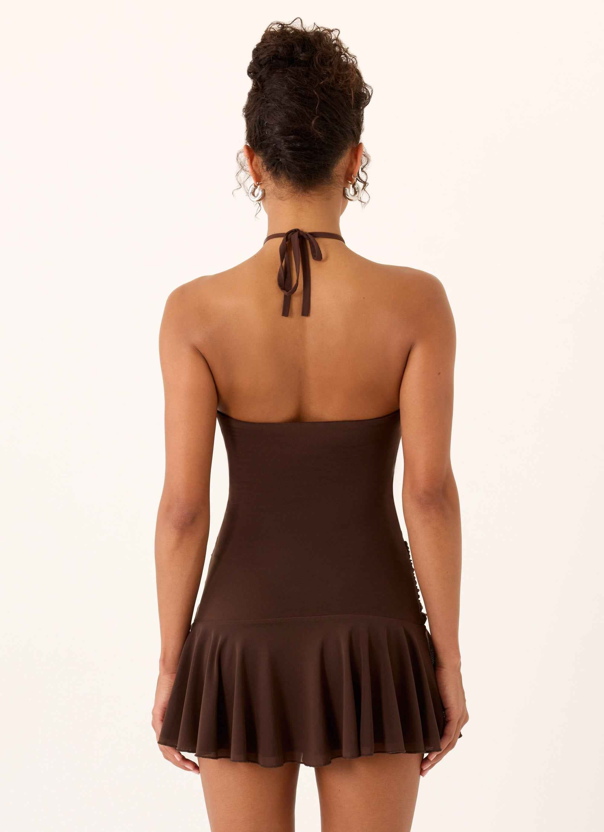 Elektra Mini Dress - Chocolate Halter Neck