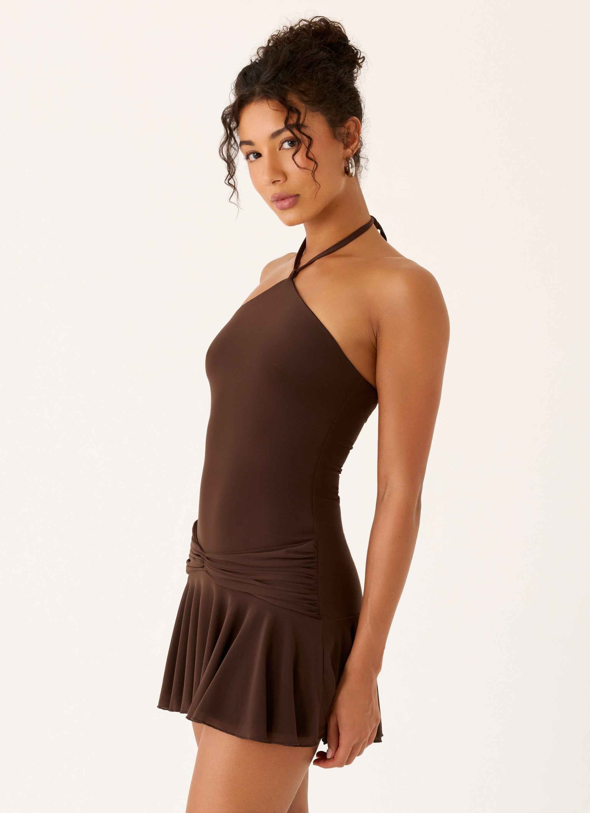 Elektra Mini Dress - Chocolate Halter Neck