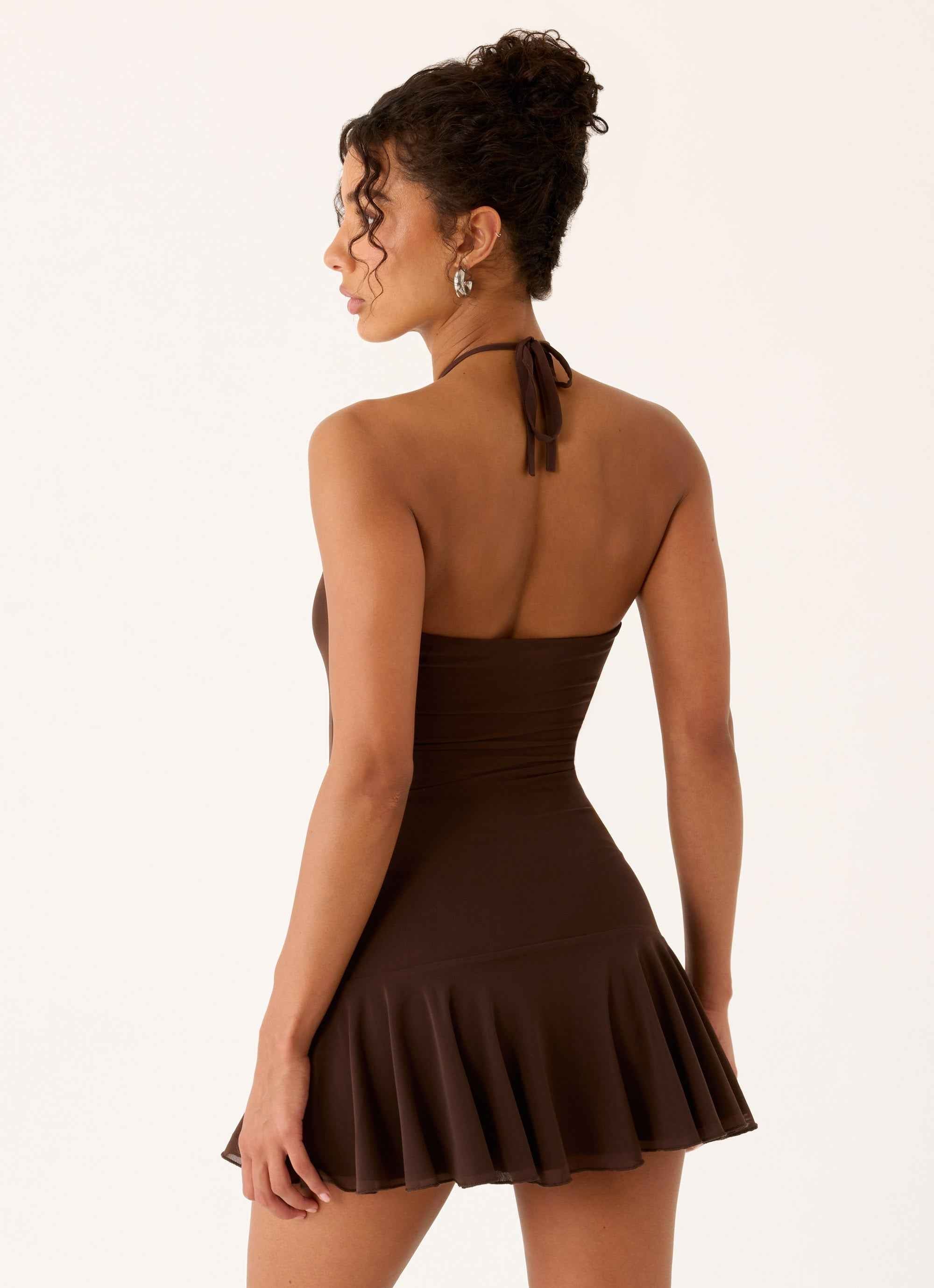 Elektra Mini Dress - Chocolate Halter Neck