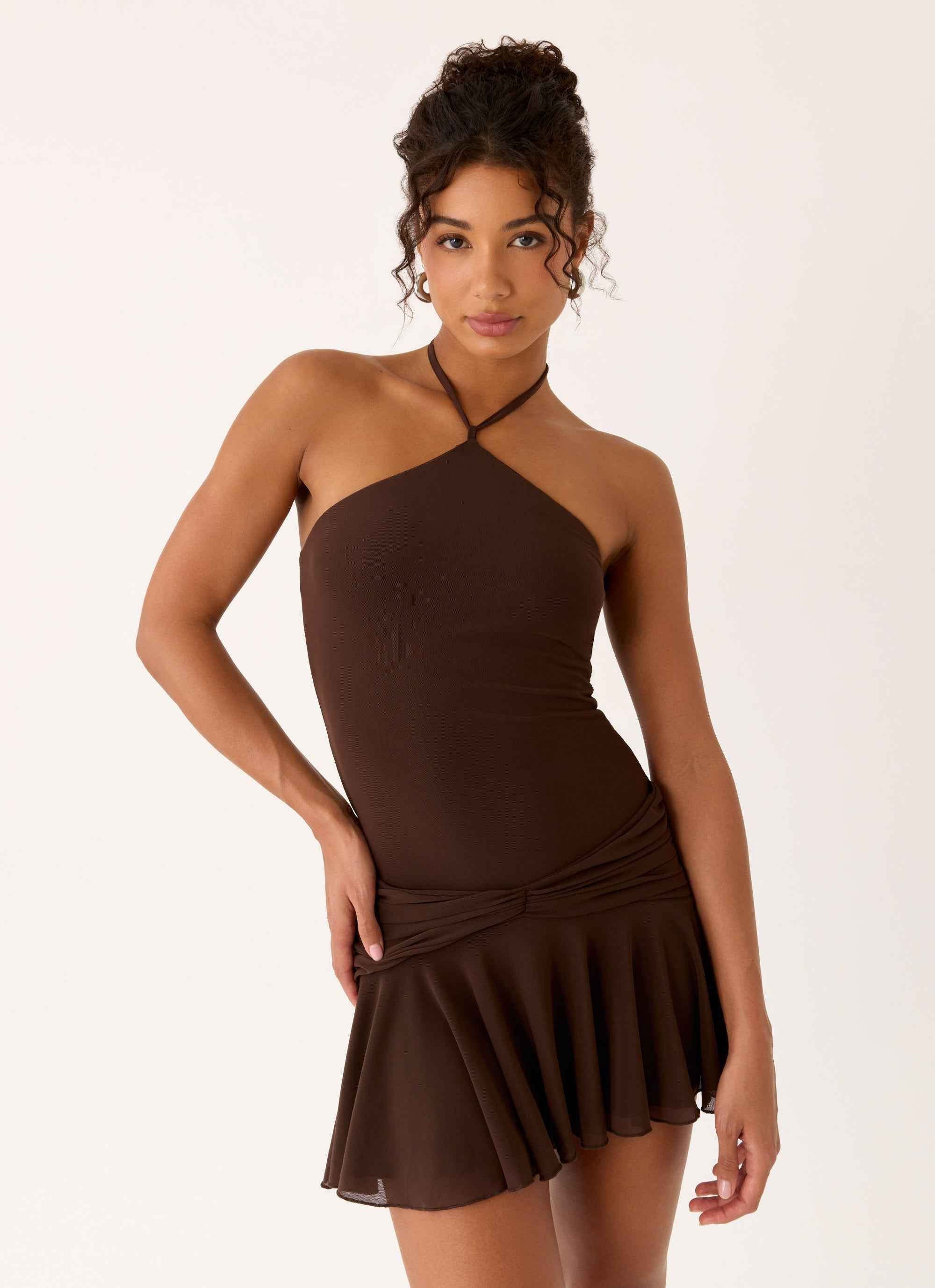 Elektra Mini Dress - Chocolate Halter Neck