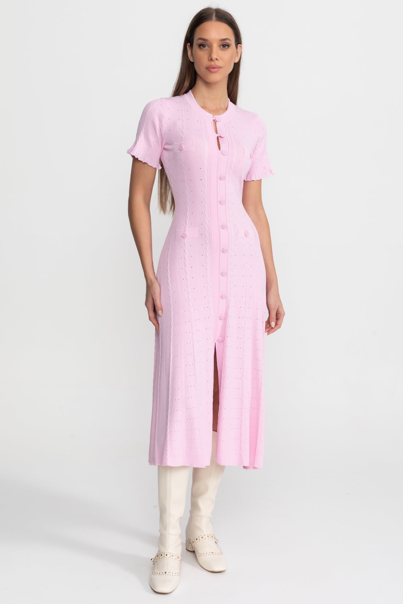 Knit Button-Front Midi Dress with Scalloped Sleeves Pink