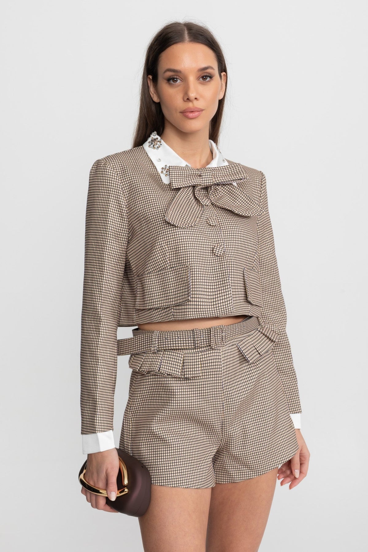 Checked Tailored Co-Ord Set with Statement Bow Detail Beige