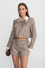 Checked Tailored Co-Ord Set with Statement Bow Detail Beige