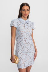Floral Lace Mini Dress with Satin Collar Light Blue